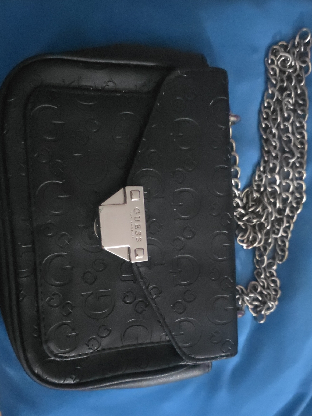 GUESS Black Embossed Logo Crossbody with Silver Chain